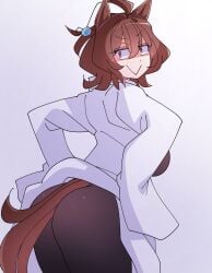 1girls 2026 :> agnes_tachyon_(umamusume) animal_ears ass back_view black_clothing breasts brown_hair color colored female hi_res horse_ears huge_thighs kaijin_debeso legwear light-skinned_female light_skin looking_back mouth_closed red_eyes simple_background solo tail thick_thighs thighs umamusume umamusume_pretty_derby viewed_from_behind white_background white_skin