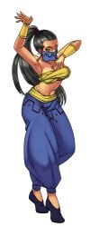 armpits arms_up ass black_hair bracelet bracer breasts cg dark-skinned_female dark_skin earrings female full_body hentai_heroes jewelry kinkoid large_breasts long_hair mask medium_breasts mouth_mask mouth_veil nabooru official_art pants parody ponytail sheheramazond_(hentai_heroes) solo transparent_background