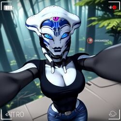 ai_assisted ai_generated alien artist_request blue_eyes blue_sclera body_freckles breasts cleavage colored_sclera colored_skin denim female forest freckles jeans large_breasts leotard looking_at_viewer nature pants robot shirt solo