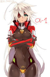 alpha-01 blazblue bodysuit breast_hold breasts eyepatch female genderswap_(mtf) green_eyes heterochromia jacket long_hair ragna_the_bloodedge red_eyes rule_63 rule_63 silver_hair tomo_(tomorag7)