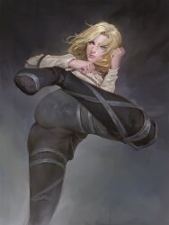 1girls alternate_version_available annie_leonhardt attack_on_titan blonde_female blonde_hair blonde_hair blonde_hair_female blue_eyes female female_only fighting_pose kicking neight one_leg_up shingeki_no_kyojin solo tagme