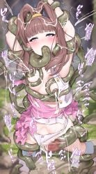 absurdres ahe_gao arms_up blush breasts brown_hair clothing_aside commentary_request cum cum_in_pussy digimon digimon_xros_wars ejaculation fellatio female female_ejaculation female_orgasm fukuiii0110 highres lactation long_hair medium_breasts nene_amano nipples oral orgasm panties panties_aside purple_eyes restrained rolling_eyes solo stomach_bulge tentacle tentacle_sex torn_clothes underwear vaginal_penetration white_panties