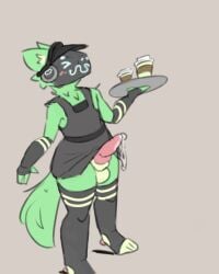 anthro arm_warmers armwear bodily_fluids bread_stix clothing coffee_cup container cup genital_fluids hi_res leaking_precum machine male precum protogen solo solo_male toeless_thigh_highs