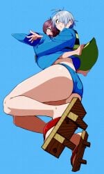 1boy 1girls ass ass_focus big_ass blue_background blue_panties female female_focus gegege_no_kitarou genderswap_(mtf) geta grey_hair hair_over_one_eye japanese_clothes kimono kitarou kitarou_tanjou_gegege_no_nazo looking_at_viewer looking_back low-angle_view medama_oyaji_(human) milf mother_and_child mother_and_son panties parent_and_child red_eyes rule_63 short_hair silver_hair thick_thighs very_short_hair white_hair