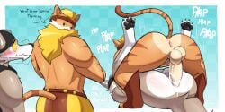 absurd_res alliartist anthro big_dom_small_sub blonde_hair bodily_fluids brown_body brown_fur canid canine canis clothing cum cum_inside dialogue dominant dominant_male duo ejaculation english_text epic_games felid feline fortnite from_front_position fur genital_fluids hair headgear headwear hi_res leaking_cum legs_up looking_at_another looking_back lying male male/male mammal mating_press meowtooth missionary_position motion_lines muscular muscular_anthro neck_tuft on_back on_top onomatopoeia orange_body orange_fur pantherine sex simple_background size_difference sound_effects spread_legs spreading stripes submissive submissive_male text tiger tuft wendell_(fortnite) white_body white_fur wolf