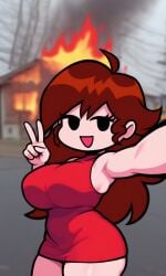 5_fingers :d ai_generated arson auburn_hair big_breasts black_eyes building burning_building busty clothed curvy fire friday_night_funkin girlfriend_(friday_night_funkin) grass house looking_at_viewer messy_hair minidress outdoors pixai red_dress road selfie selfie_pose shortstack sidewalk sleeveless_dress smile taking_picture trees
