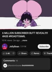 2d 2d_(artwork) ass ass_bigger_than_head ass_body bed bed_sheet bedroom big_ass black_hair commentary_community half-dressed half_naked horns huge_ass huge_breasts hyper_breasts jellybean_(mcyt) looking looking_at_viewer mcyt minecraft minecraft_youtubers purple_skin screenshot_edit shirt tagme thick_thighs twitch.tv youtube youtuber youtubers