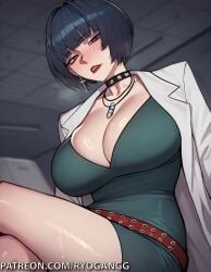 1female 1girls 2d 2d_(artwork) ai_generated blue_hair brown_eyes choker cleavage cleavage_cutout dark_blue_hair doctor dress lab_coat labcoat light-skinned_female light_skin patreon patreon_username persona persona_5 ryogangg smirk smirking tae_takemi