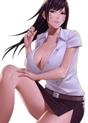 alternate_breast_size alternate_costume belt belt_buckle breasts brown_belt brown_eyes brown_hair brown_skirt buckle buttons cleavage closed_mouth collarbone collared_shirt cowboy_shot d.va d.va_(overwatch) dress_shirt eyebrows eyelashes facepaint facial_mark female female_focus hand_on_leg hand_on_own_thigh hand_up huge_breasts knee_up lips long_hair looking_at_viewer miniskirt no_bra office_lady open_clothes open_shirt overwatch overwatch_1 panties pantyshot pencil_skirt pink_lips sayori777nsfw shirt short_sleeves side_slit simple_background sitting skirt smile solo unbuttoned unbuttoned_shirt underwear whisker_markings white_background white_shirt wing_collar