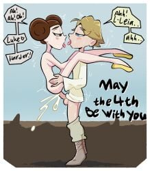 1boy 1girls accidental_incest after_kiss ambiguous_penetration blightstar blonde_hair blush brother_and_sister brown_hair clothed_male_nude_female cum_inside dialogue english_text female hair_bun half-closed_eyes hand_on_hip incest jedi lifting_person luke_skywalker male may_the_4th_be_with_you naked_female princess_leia_organa saliva saliva_trail shoes_only side_view speech_bubble standing star_wars tagme tongue_out upright_straddle