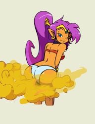 ai_generated blue_eyes blush blush_lines fart fart_cloud fart_fetish one_eye_closed pantless pepperspotsunshine purple_hair shaking_butt shantae shantae_(character) smirk tan_skin thick_ass