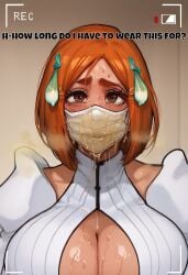 ai_generated bleach:_the_thousand-year_blood_war breasts camera camera_pov cleavage cleavage_cutout condom condom_accessories condom_hair_ornament condom_ornament cum cum_in_mask cum_on_breasts cum_under_clothes cum_under_mask cum_wearing face_mask female heavy_breathing huge_breasts inoue_orihime long_hair pobodyznerf pov recording semen steam sweat tagme used_condom wearing_condom