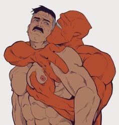 allen_the_alien big_pecs bonjourdraws daddy dilf gay grabbing_pecs interspecies invincible male moustache muscular muscular_male nolan_grayson omni-man orange_body orange_skin