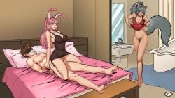 1boy 2girls animal_ears barefoot bed bedroom black_hair bottomless breasts brown_hair bunny_(hentai_heroes) cat_ears cg cleavage feet femdom futon hentai_heroes hero_(hentai_heroes) indoors kinkoid large_breasts long_hair looking_at_another loving_bunny_(hentai_heroes) lupa_(hentai_heroes) lying medium_breasts multiple_girls navel nipples nude official_art on_bed open_mouth panties parody penis pillow pink_hair ponytail pubic_hair pussy rabbit_ears sex smile straddling tail tank_top uncensored underwear