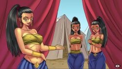 3girls bandeau bare_shoulders black_hair breasts butt_crack cg cleavage dark-skinned_female dark_skin earrings hentai_heroes high_ponytail jewelry kinkoid large_breasts lips lipstick long_hair makeup medium_breasts midriff multiple_girls nabooru navel official_art parody ponytail sheheramazond_(hentai_heroes) smile strapless tube_top yellow_eyes