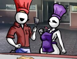 1boy1girl :3 annoyed annoyed_expression annoyed_face apron apron_only bald bald_female belt black_eyes chef_hat chetoh chubby chubby_female claire_(chetoh) cooking egg eggmale female_focus female_only food hand_on_hip hat jeans looking_at_partner no_bra no_panties oc original original_character original_characters photo_background purple_hat red_hat red_shirt shirt smile smiling smiling_at_partner spatula white_body
