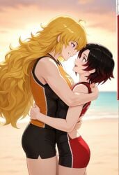 2girls ai_generated black_hair blonde_hair female_only incest long_hair ruby_rose rwby short_hair sisters tagme yang_xiao_long yuri
