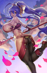 :d ankle_strap antenna_hair ass ass_cleavage back backless_outfit bare_shoulders black_pants blazblue boots bow breasts butt_crack canon_genderswap cloud commentary covered_nipples elbow_gloves english_commentary eu03 falling_petals female fingerless_gloves from_behind gloves hair_between_eyes hair_ribbon halter_top halterneck high_ponytail hip_vent holding holding_lance holding_polearm holding_weapon huge_breasts lance long_hair looking_at_viewer looking_back lowleg lowleg_pants mai_natsume open_mouth outseal pants petals polearm ponytail purple_hair red_eyes red_gloves revealing_clothes ribbon sideboob sidelocks sky smile solo spear very_long_hair weapon yellow_bow yellow_ribbon