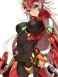 alpha-01 blazblue bodysuit breasts female genderswap_(mtf) heterochromia highres long_hair mecha_musume medium_breasts ragna_the_bloodedge rule_63 silver_hair tomo_(tomorag7)