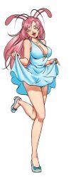 animal_ears blue_dress breasts bunny_(hentai_heroes) cg cleavage closed_eyes clothes_lift dress dress_lift female full_body hentai_heroes high_heels kinkoid large_breasts long_hair loving_bunny_(hentai_heroes) official_art open_mouth parody pink_hair rabbit_ears shoes simple_background skirt_hold sleeveless sleeveless_dress smile solo standing thighs transparent_background