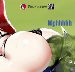 2girls ai_generated ass black_hair blue_hair catfight fart farting farting_in_face farting_in_mouth female futanari intersex irefkat irelia_xan katarina_du_couteau league_of_legends red_hair wrestling