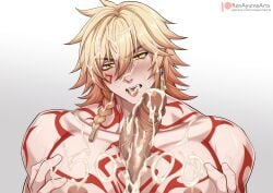 big_penis cum cum_in_hair cum_in_mouth cum_on_body cum_on_face cum_on_hair cum_on_pecs cum_on_penis gay honkai:_star_rail milestone_celebration mydei_(honkai:_star_rail) pecjob pecs penis renayumearts veiny_penis yaoi
