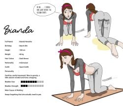 1girls ass bianda_(polapolabianda) breasts brown_hair character_sheet cleavage hair_band hairband omorashi open_mouth original peeing peeing_self pink_hairband polapolabianda solo tongue wet wet_pants wetting wetting_self yoga_mat yoga_pants