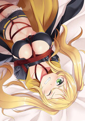 azur_lane between_breasts blonde_hair bondage bound_arms breasts clavicle clenched_teeth female green_eyes grin high_resolution hornet_(azur_lane) large_breasts looking_at_viewer lying navel on_back one_eye_closed restrained shibari_over_clothes shorts solo teeth tied_hair twintails wince yasume_yukito