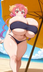 ai_generated beach bikini curvy dragon_horns huge_breasts ilulu_(dragon_maid) long_hair miss_kobayashi's_dragon_maid pink_eyes pink_hair thick_thighs twintails
