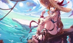admiral_bahroo ass bangs bare_shoulders beach bikini blue_eyes blue_sky blush breasts brown_hair choker cloud day eating feet female food hat hat_ribbon holding holding_food horizon ice_cream long_hair looking_at_viewer ocean open_mouth outdoors popsicle ribbon sandals sitting sky smile solo straw_hat sun sun_hat swimsuit tagme thigh_strap thighs toes very_long_hair water watermelon wrist_ribbon