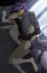 absurd_res andromorph anthro anthro_penetrated anthro_penetrating athletic balls bed black_penis black_sclera blush canid canine canis colored coyote dakota_deforrest_(kyledere11) day detailed_background digital_drawing_(artwork) digital_media_(artwork) duo fur furniture genitals hi_res highlights_(coloring) hyena intersex intersex/male light looking_down_at_partner lying male mammal on_bed on_side penetration penis pillow pillow_grab purple_highlights ruisha sex shaded shaved_arm slim sunlight tail waist_grab widescreen window zeekerz
