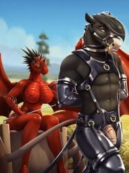 anthro belt bondage bondage bound breasts cage clothing collar dragon duo equid equine female gag genitals gloves handwear harness hi_res horse latex leash legwear male male/female mammal mythological_creature mythological_scalie mythology nastya_tan nipples penis piercing reins scalie stockings whip