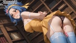 1girls ai_generated arms_behind_back artist_name artist_signature ass bare_shoulders blue_hair blue_thighhighs blush bound breasts brown_eyes covered_nipples dress fairy_tail garter_straps hair_flower hair_ornament hi_res high_resolution highres kurutai levy_mcgarden medium_breasts panties patreon sex_toy short_hair solo teeth thighhighs uncensored underwear vibrator vibrator_in_thighhighs
