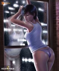 1girls 2d ass big_ass female heavy_rain madison_paige panties pressed_on_glass quantic_dream rain raining red_eyes reflection short_hair underwear