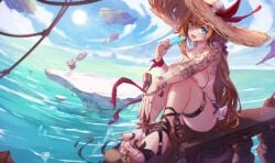 admiral_bahroo bangs beach bikini blue_eyes blush breasts cloud day eating female food fruit hat holding holding_food horizon ice_cream long_hair looking_at_viewer ocean open_mouth orange_hair outdoors popsicle ribbon sandals seagull sitting sky solo sun_hat swimsuit tagme tattoo thigh_strap toes very_long_hair water