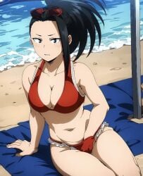 1girls ai_generated beach black_eyes black_hair boku_no_hero_academia cleavage collarbone female female_only glasses_on_head large_breasts looking_at_viewer matching_hair/eyes momo_yaoyorozu my_hero_academia ocean ponytail red_bikini solo