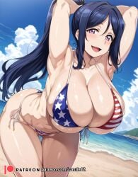 1girls absurd_res ai_generated american_flag_bikini beach bikini blue_hair castle12 cleavage female female_only large_breasts long_hair love_live! love_live!_sunshine!! matsuura_kanan patreon_logo patreon_username ponytail purple_eyes smile solo swimsuit