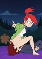ai_assisted ai_generated angry_female bottomless_female brown_fart brown_fart_cloud brown_hair_male face_farting facesitting facesitting_female fart fart_cloud fart_fetish farting farting_in_face farting_on_face female femdom foster's_home_for_imaginary_friends frankie_foster green_hoodie pointing_at_viewer red_hair side_view