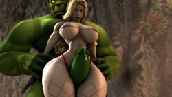 1boy 1girls 3d amazon_(dragon's_crown) big_breasts blonde_hair blue_eyes breasts cock day dragon's_crown female forest green-skinned_male green_skin grinding hips huge_cock huge_penis human human_female imminent_sex light-skinned_female light_skin male male/female muscular muscular_male naked naked_male nude nude_male orc orc_male outdoors penis precum punisheddumas surprised thick_thighs thigh_job thighs wide_hips