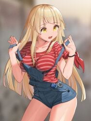 1girls 33zuku :o absurdres badge bang_dream! bare_legs blonde_hair blurry blurry_background breasts cowboy_shot denim diagonal_bangs highres impossible_clothes impossible_shirt leaning_forward lifting_own_clothes long_hair looking_to_the_side medium_breasts open_mouth overall_shorts overalls pulling_own_clothes red_shirt shirt short_sleeves sidelocks solo standing strap_lift strap_pull striped_clothes striped_shirt t-shirt teeth thighs tsurumaki_kokoro upper_teeth_only very_long_hair wristband yellow_eyes