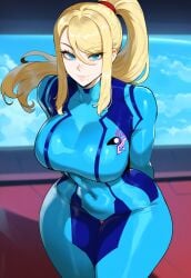 ai_generated beauty_mark big_breasts bimbo blonde_hair blue_eyes breasts creamy_ai full_body fully_clothed metroid nintendo samus_aran thick_thighs tight_clothing