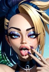 abs ahe_gao ahe_gao ahegao_face ai_generated akali bare_shoulders beautiful bimbo bimbo_lips blue_eyes close-up close_up collarbone cum cum_in_mouth cum_on_face cute cute_face dark_hair eyebrows eyelashes eyeshadow freckles k/da_akali k/da_all_out_series k/da_series league_of_legends makeup mastarblastar multicolored_hair nail_polish nails necklace pointing pointing_at_self ponytail pose posing posing_for_the_viewer purple_lipstick selfie selfie_pose smile smiling smiling_at_viewer smug smug_face tagme tongue tongue_out topless tropical