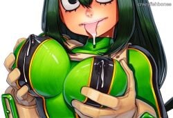 ai_generated asui_tsuyu bodysuit breasts crazyfishbones female green_hair large_breasts long_hair looking_at_viewer my_hero_academia simple_background skin_tight solo