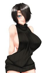 arms_behind_back black_clothing black_hair blush breasts clothed clothing female female_focus female_only green_eyes hair_over_one_eye human large_breasts open_eyes pointy_chin saya_(twrlare) short_hair sideboob smile smiling twrlare virgin_killer_sweater white_background