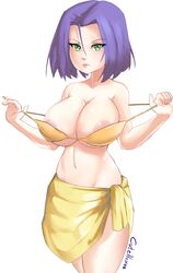 1girls areolae big_breasts civildreams eye_contact female green_eyes huge_breasts james_(pokemon) large_breasts looking_at_viewer medium_hair nintendo pale-skinned_female pale_skin pokemon pokemon_rgby purple_hair rule_63 team_rocket white_background