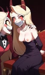 2girls ai_generated bead_necklace bondage bound charlie_morningstar_(hazbin_hotel) demon exposed_breasts female femsub gagged hand_on_shoulder hazbin_hotel horns lilith_morningstar_(hazbin_hotel) mother_and_daughter red_sclera tape_bondage tape_gag taped_mouth torn_clothing