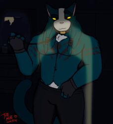 2021 absurd_res alien anthro avocato bara barazoku belt big_pecs black_pants blue_body blue_fur digital_drawing_(artwork) digital_media_(artwork) domestic_cat felid feline final_space fur furry gay hairy_chest long_hair looking_at_viewer male male/male mammal muscles muscular muscular_male pants pecs room smile smiling smiling_at_viewer tattoo the_mist_walker ventrexian yellow_eyes