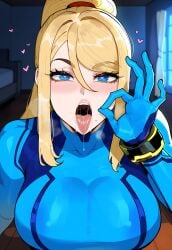 ai_generated big_breasts bimbo blonde_hair blue_eyes breasts creamy_ai fully_clothed heart-shaped_pupils inviting_to_sex metroid nintendo samus_aran tight_clothing