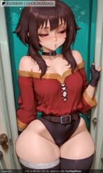 ai_generated bandaged_leg bandages bare_shoulders belt black_gloves black_hair black_legwear blush breasts brown_hair cape choker collar cuckingmama door dress female fingerless_gloves gloves looking_at_viewer megumin off_shoulder red_eyes short_hair short_hair_with_long_locks single_thighhigh small_breasts solo tagme thick_thighs thighhighs thighs wide_hips