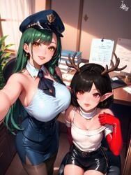 ai_generated antlers beach black_hair elf_ears eye_contact female gloves malth pixie_cut red red_eyes red_gloves seductive_expression short_hair smirk smug_expression stripper teasing usebackdooronly